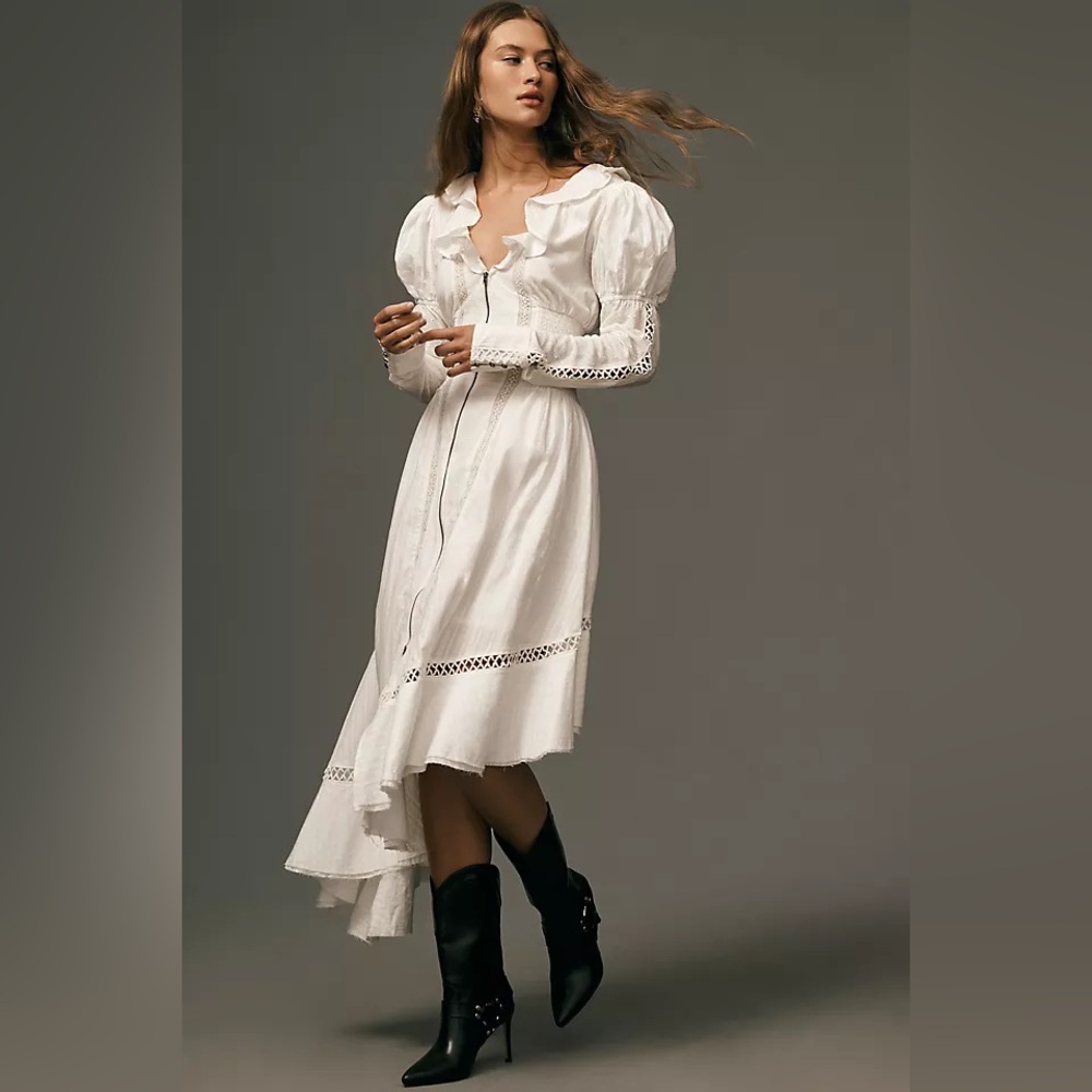 Anthropologie Pilcro Long-Sleeve Asymmetrical Ruffled V-Neck Midi Dress - Picture 1 of 8